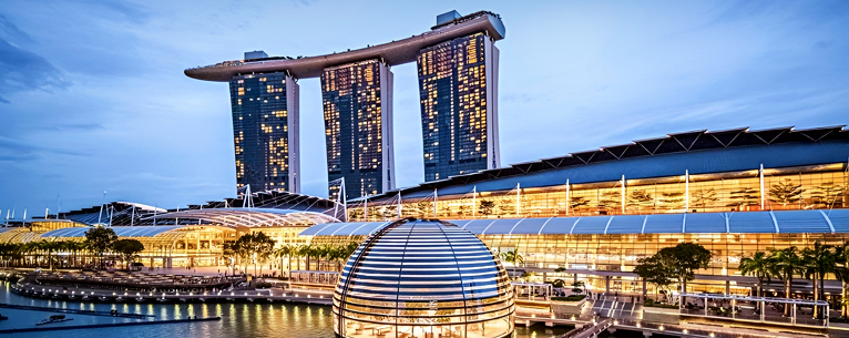 View of Marina Bay Sands from waterfront walkway