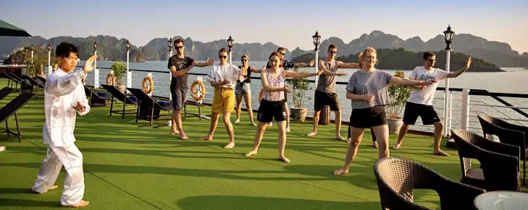 Morning Tai Chi aboard a cruise in Halong Bay